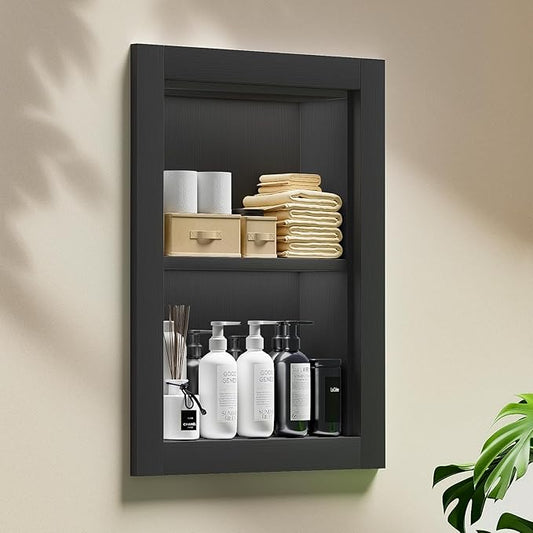 Recessed Medicine Cabinet, 14x18 Wood Recessed Wall Niche Medicine Cabinet Replacement, Water-Proof Wall Niche for Bathroom/Hallway, Black