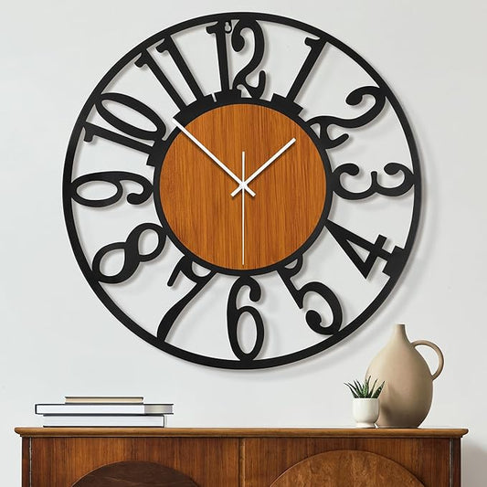 Maxstar Large Round Wall Clock for Living Room Decor Battery Operated Non Ticking Black Metal Wood Clocks for Home Living Room Garden Office Kitchen Decoration -32 inch