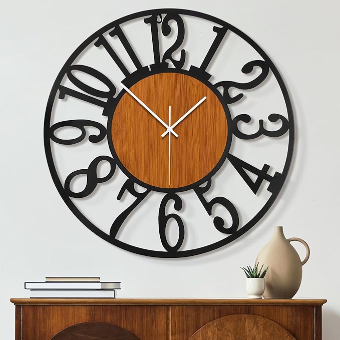 Maxstar Large Round Wall Clock for Living Room Decor Battery Operated Non Ticking Black Metal Wood Clocks for Home Living Room Garden Office Kitchen Decoration -24 inch