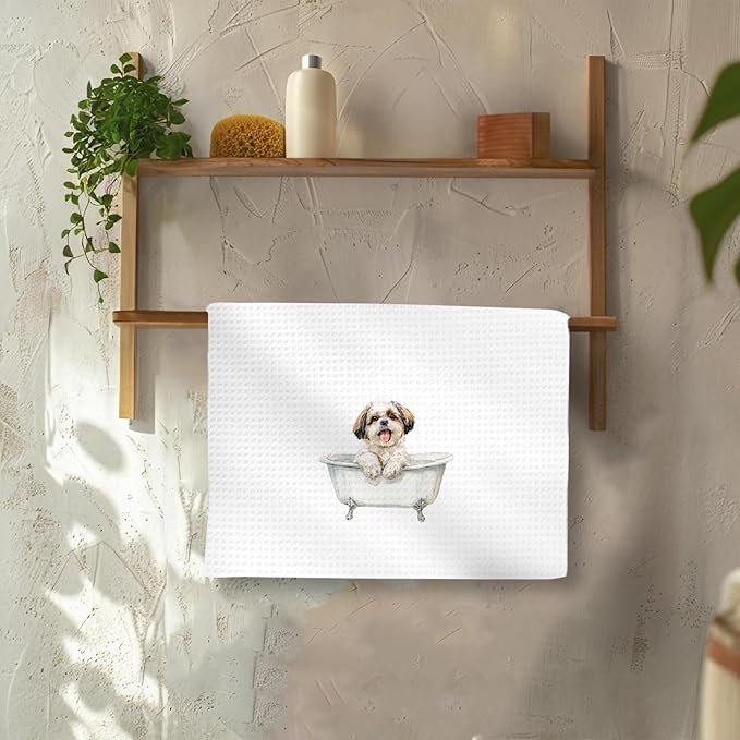 Funny Shih Tzu Dog Hand Towels Set of 2, Gifts for Shih Tzu Dog Owners Lovers, Cute Puppy Pet Decor for Bathroom, Funny Pet Lovers Gifts Toilet Hand Towels for Bathroom Washroom, 16x24In