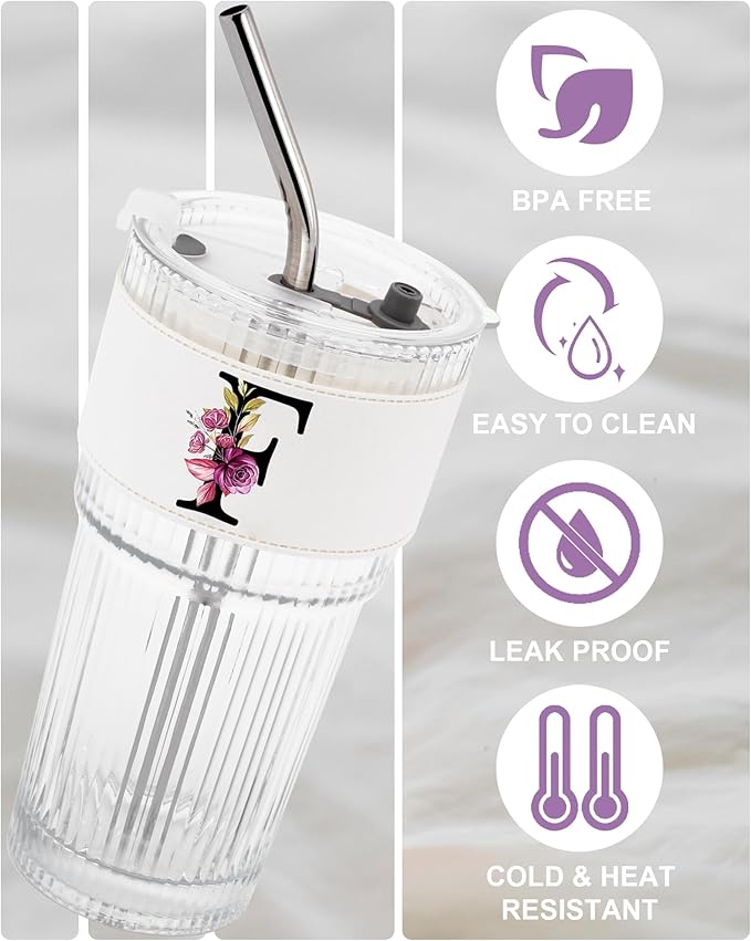 MNZZ Monogram Glass Cup with Lid Straw Ribbed Ice Tea Coffee Matcha Moving Away Leaving Goodbye Latte Clear Tumbler Farewell Going Women Coworker Teacher Friends Boss Neighbors Basic Training Gifts F