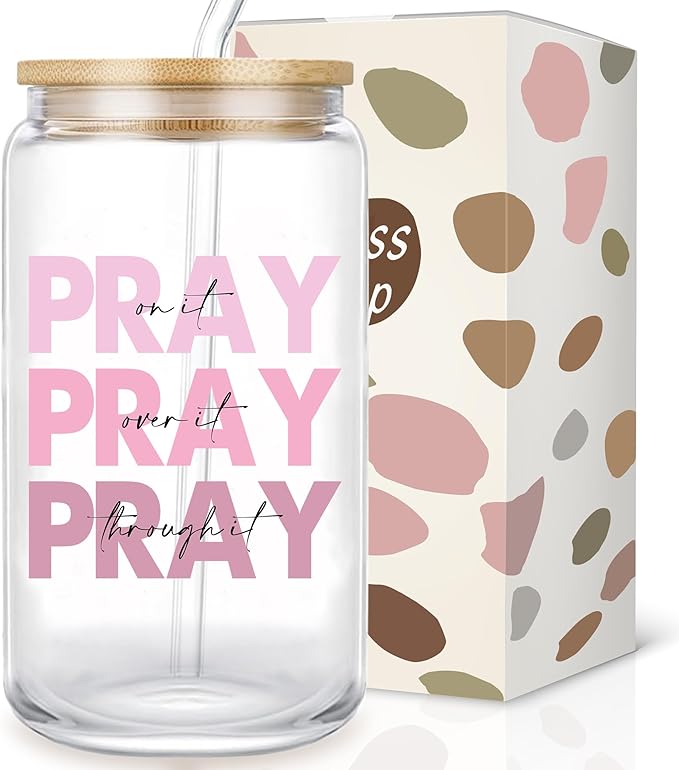 Pray It Pray Over It 16oz Prayer Glass Cup with Lid, Straw & Inspirational Quote for Christian Women & Cancer Care Gifts