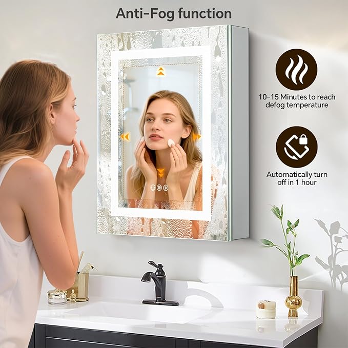 24 x 30 LED Lighted Medicine Cabinet with Lights, Recessed or Surface Wall Mount Medicine Cabinet Mirror for Bathroom with Storage, Outlets & USB, Tempered Glass, 3-Color Dimming, Adjustable Shelf