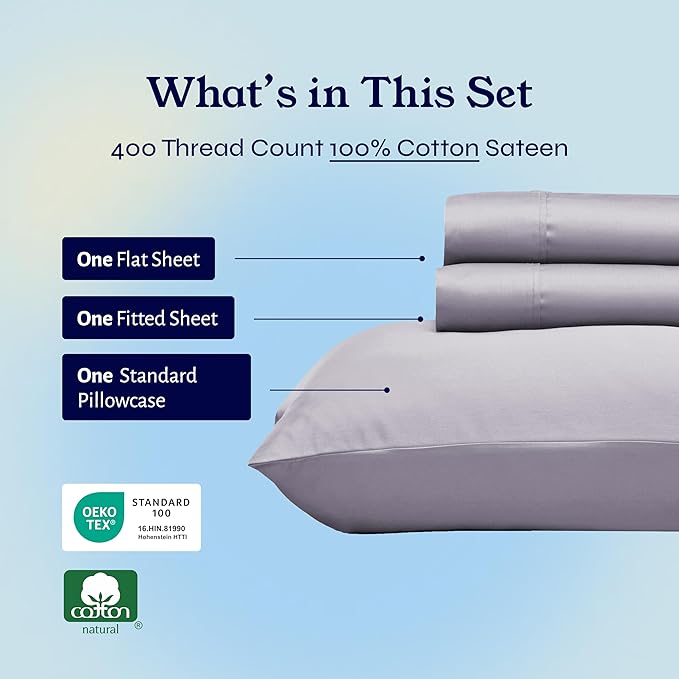 California Design Den Twin XL Sheet Sets - Soft 400 Thread Count Sateen, Natural 100% Cotton Sheets with Deep Pockets, Cooling and Durable Bedding Set - Dusky Lavender Grey