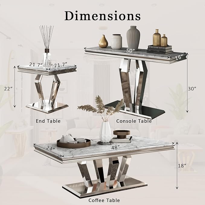 3 Piece Living Room Table Set, Luxury Coffee Table Set with Gray Top & Diamond-Shaped Stainless Steel Frame, 1 Coffee Table + 1 Console Table + 1 End Table for Home Office