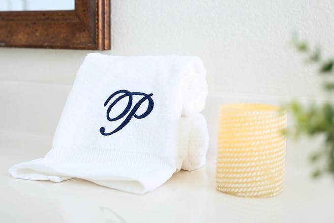 White Monogrammed Hand Towels for Bathroom - Luxury Hotel Quality Personalized Initial Embroidered Towel for Powder Room, Spa - GOTS Organic Certified - Pack of 2 Navy, Letter P