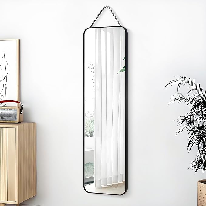 47x14 Mirror Full Body Length Door Hanging/Rope Hang/Wall Mounted Metal Frame Rectangle Mirrors for Bedroom Bathroom Dressing Living Room 47 inch Black