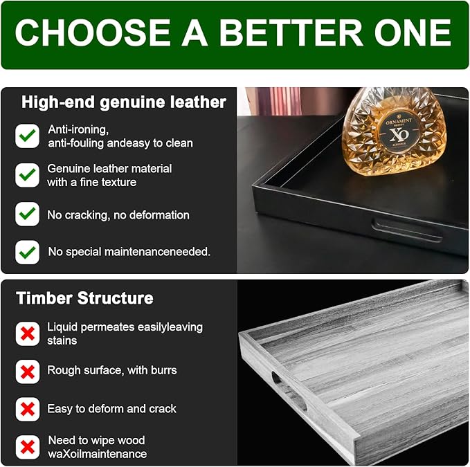 25 * 25 inches Leather Rectangle Serving Tray with Hole Handles,High-End Light Large Service Tray for Ottoman Tray, Tea, Food, Butler - Countertop, Kitchen,Family Dinner, Picnic (Black)