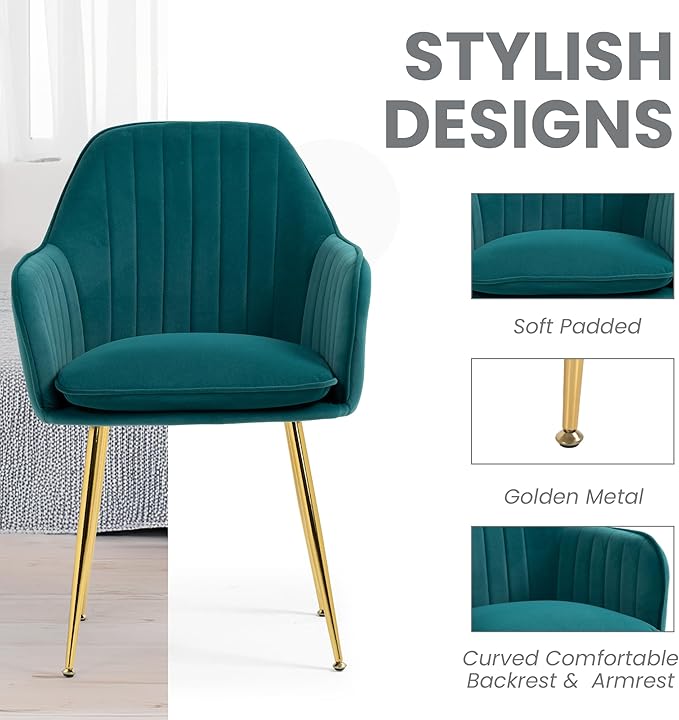 ECOTOUGE Modern Dining Chairs Set of 4, Upholstered Dining Room Chairs with Golden Metal Legs, Matte Velvet Kitchen Chairs for Dining Table, Accent Chairs for Living Room, Emerald Green