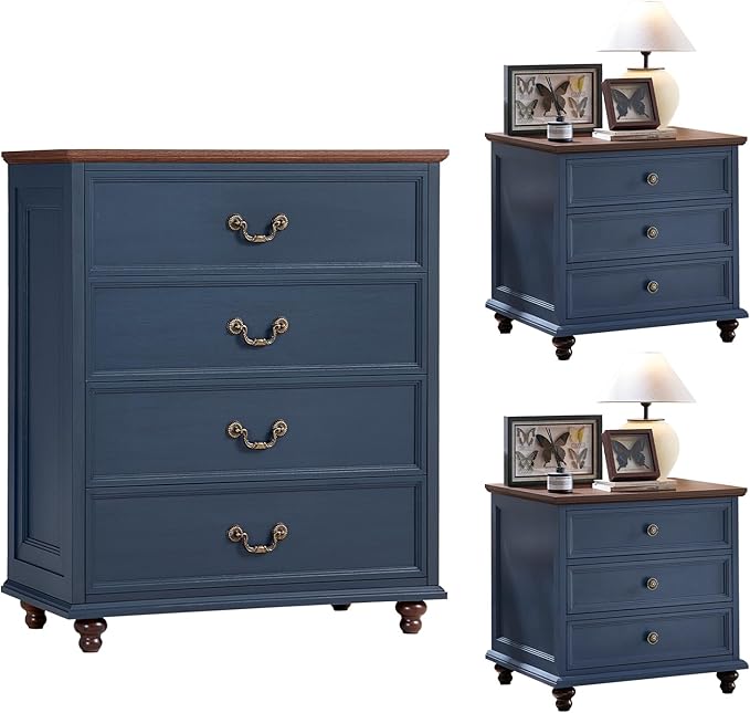 24" Wide Farmhouse Nightstand Set of 2, 37" Tall Rustic Chests of Drawers w/ 4 Solid Wood Feet, Farmhouse Furniture Series for Living Room,Bedroom,DarkBlue