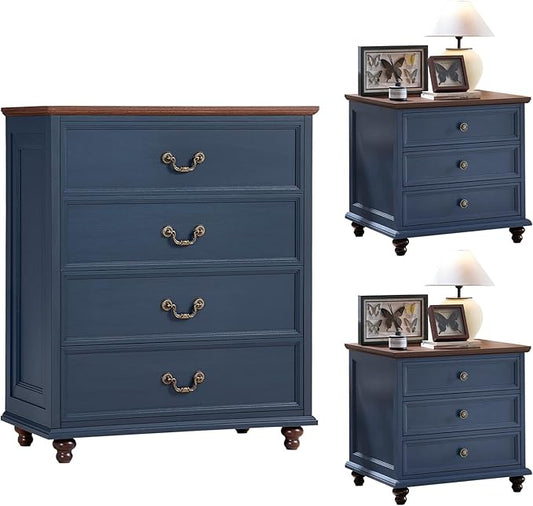 24" Wide Farmhouse Nightstand Set of 2, 37" Tall Rustic Chests of Drawers w/ 4 Solid Wood Feet, Farmhouse Furniture Series for Living Room,Bedroom,DarkBlue