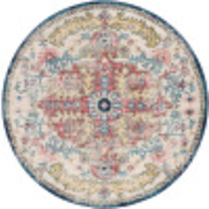 Livabliss Area Rugs - 7ft Round Odelia Vintage Boho Aqua Burgandy Blue Round Area Rug for Living Room Bedroom - Floral Medallion Stain Resistant Carpet for Kitchen, Nursery, Office (6'7" Round)