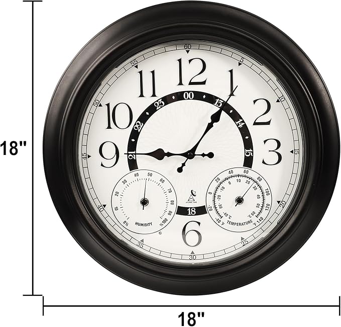 18 Inch Illuminated Retro Indoor Outdoor Wall Clocks with Thermometer and Hygrometer Waterproof Metal Large Clocks with Auto Light Smart Sensor for House Warming Gifts New Home Living Room Decor