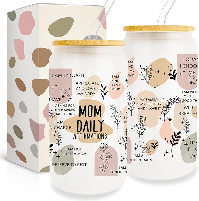 Mom Gifts from Daughter Son, Gifts for Mother Birthday, Gifts for Mom 16oz Glass Cup with Lid and Straw, Thank You Mom Gift Ideas, Christmas Gifts for Mother Stepmom