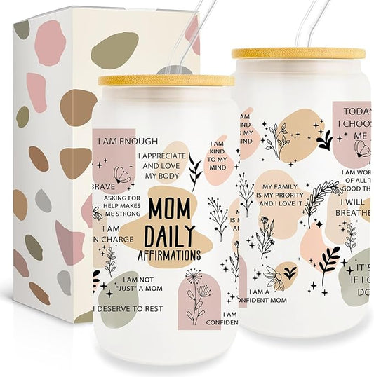 Mom Gifts from Daughter Son, Gifts for Mother Birthday, Gifts for Mom 16oz Glass Cup with Lid and Straw, Thank You Mom Gift Ideas, Christmas Gifts for Mother Stepmom