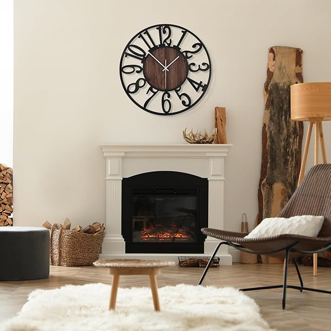 1st owned Large Wall Clock for Living Room Decor- 32" Decorative Antique Silent Little Ticking Battery Operated,Black Metal,Wood Clocks for Farmhouse,Dining Room,Bedroom,Kitchen - Arabic Numerals