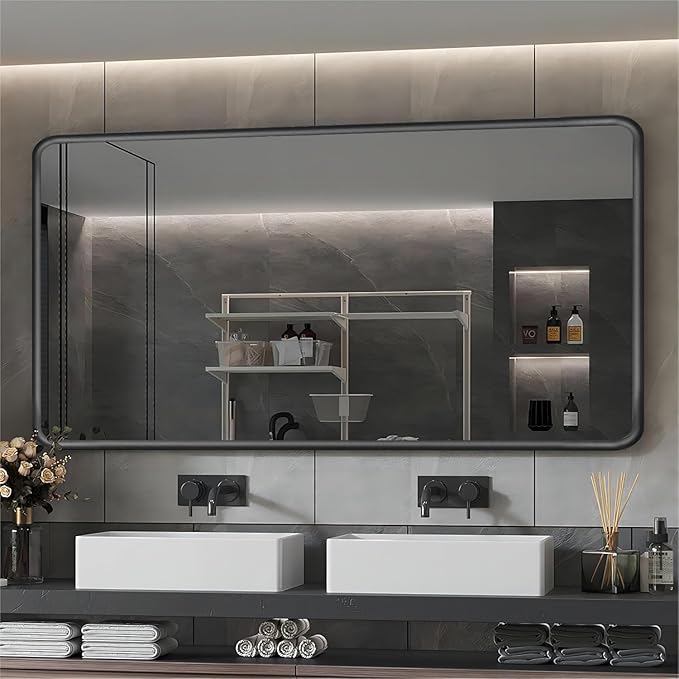 Black Framed Mirrors for Bathroom,60 x 36 Inch Rounded Conner Rectangle Mirror for Wall, Matte Black Vanity Mirror with Tempered Glass,Anti-Rust,Hangs Horizontally or Vertically