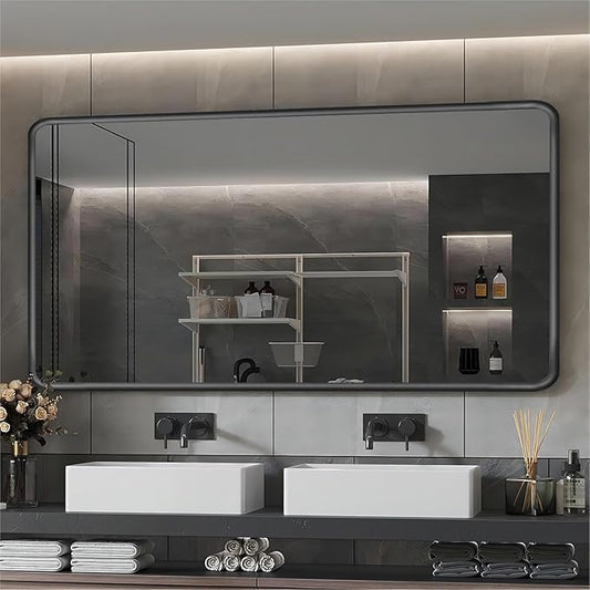 Black Framed Mirrors for Bathroom,60 x 36 Inch Rounded Conner Rectangle Mirror for Wall, Matte Black Vanity Mirror with Tempered Glass,Anti-Rust,Hangs Horizontally or Vertically