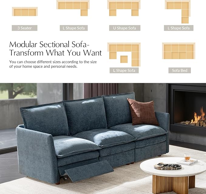 HULALA HOME 98'' Power Recliner Sofa with Dual-Layered Cushions, Oversized Modular Sectional Sofa with Storage Ottoman, Modern 3 Seater Cloud Couch for Living Room, Blue