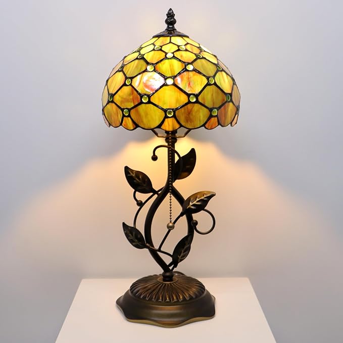 Small Tiffany Lamp Brown Green Pearl Style Stained Glass Table Lamps Desk Bedside Reading Light 8X8X18 Inches with Bronze Metal Leaf Resin Base