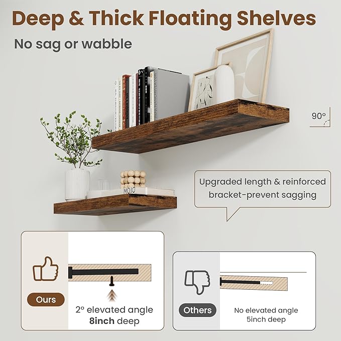 20 Inch Floating Shelves for Wall, 8 Inch Deep Floating Shelf for Storage & Display, Wall Mounted Shelf with Invisible Brackets for Living Room, Kitchen, Bathroom, Home Decor, Set of 2, Rustic Brown