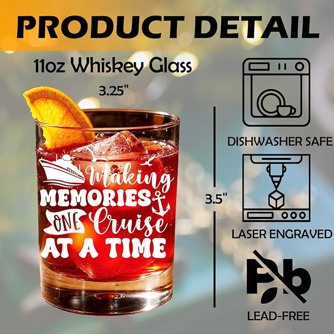 Cruise Lovers Gifts Old Fashioned Whiskey Glasses, Cruising Gifts for Traveller, Making Memories One Cruise at a Time 10 oz Rocks Barware Cup for Cocktail Drinks Scotch Bourbon Liquor