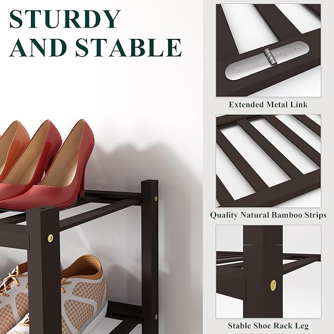 Smiry Shoe Rack, 5 Tier Long Bamboo Shoe Organizer, Stackable Free Standing Wooden Shoe Storage Shelf for Closet, Entryway, Front Door Entrance, Brown