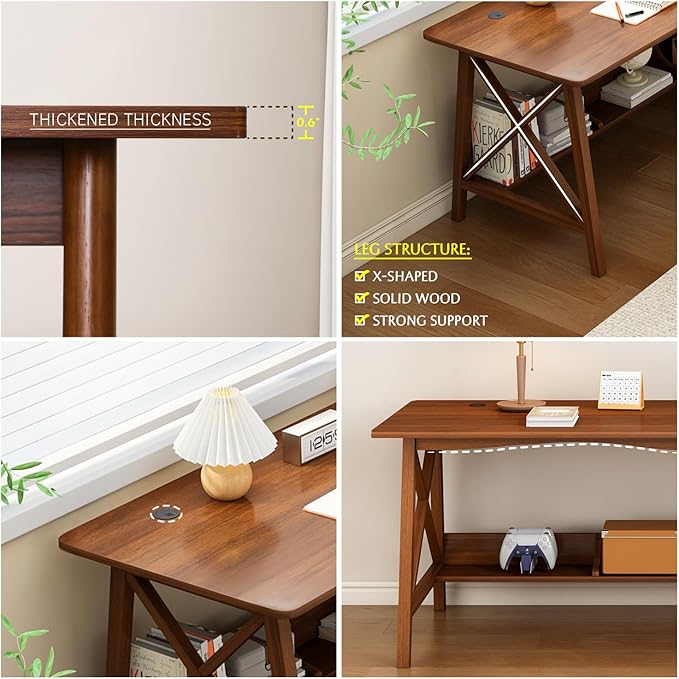 Extra Long Desk with Bookshelf - Wooden Home Office Work Study Table, 2-Person Writing Computer Workstation with Storage Shelf in Walnut, 71" Wx20 Dx30 H