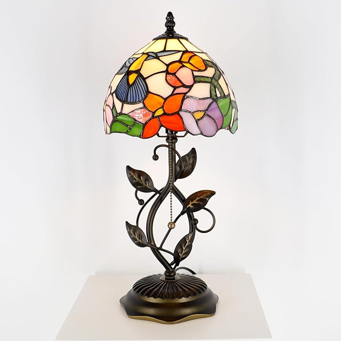 Small Tiffany Lamp Hummingbird Style Stained Glass Table Lamps Desk Bedside Reading Light 8X8X18 Inches with Bronze Metal Leaf Resin Base