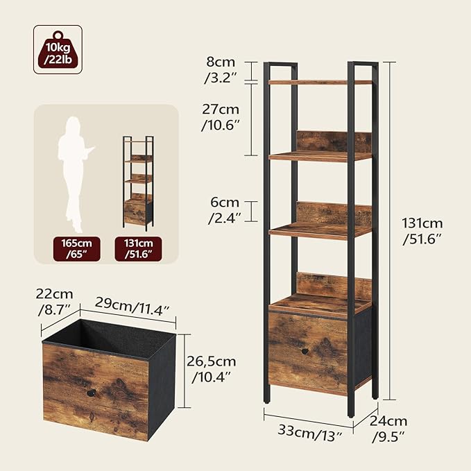 Bookshelf, 5-Tier Bookcase with Drawer, Small Book Shelf for Small Space, Storage Shelf Organizer, for Living Room, Bedroom, Study, Kitchen, Rustic Brown and Black BKHR55101