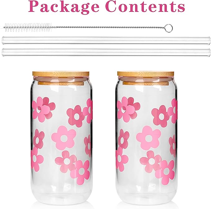 Mason Life Glass Cups with Lids and Straws, 20OZ Can Shaped Glass Cups, Drinking Glasses, Iced Coffee Glasses Cup, Smoothie Cups, Tumbler Glass, Reusable Iced Coffee Cup Drinking Glasses -Set of 2