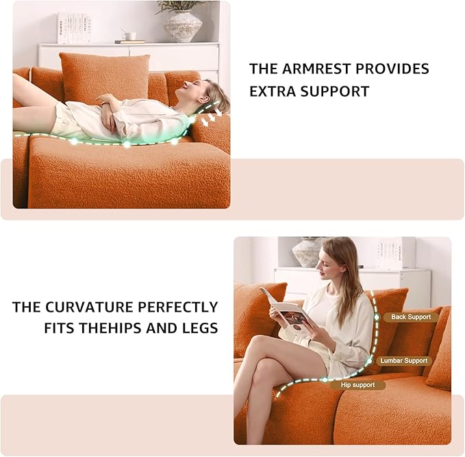 Orange Cloud Couch Loveseat, Modern Teddy Fabric Boneless Sectional Sofa in a Box for Living Room, Modular Floor Couch, No Assembly Required, Sofas para Sala