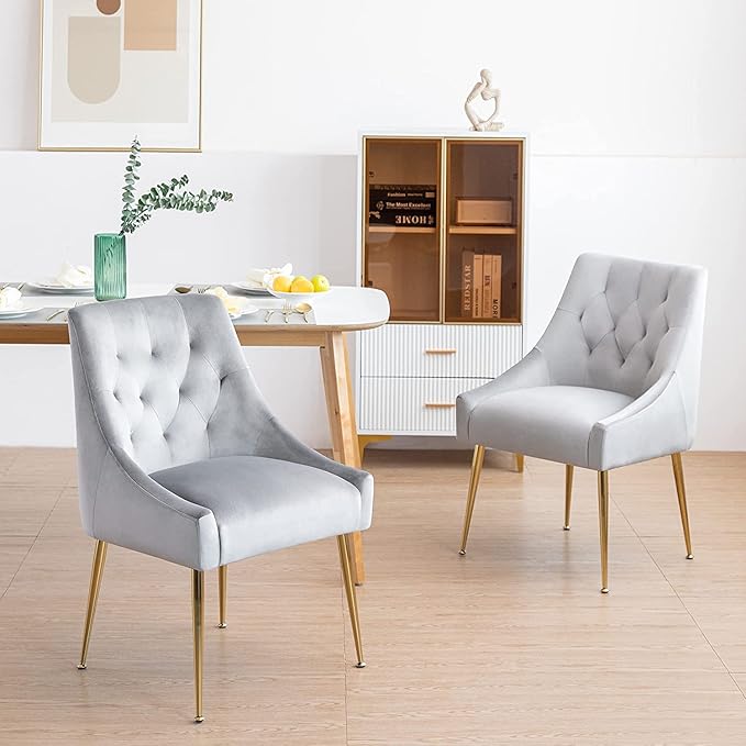 Modern Dining Chairs Set of 6, Mid Century Dining Chairs with 5.12” Cushions and Golden Legs, Velvet Upholstered Chairs with Back Pull Rod, for Kitchen, Living Room, Grey
