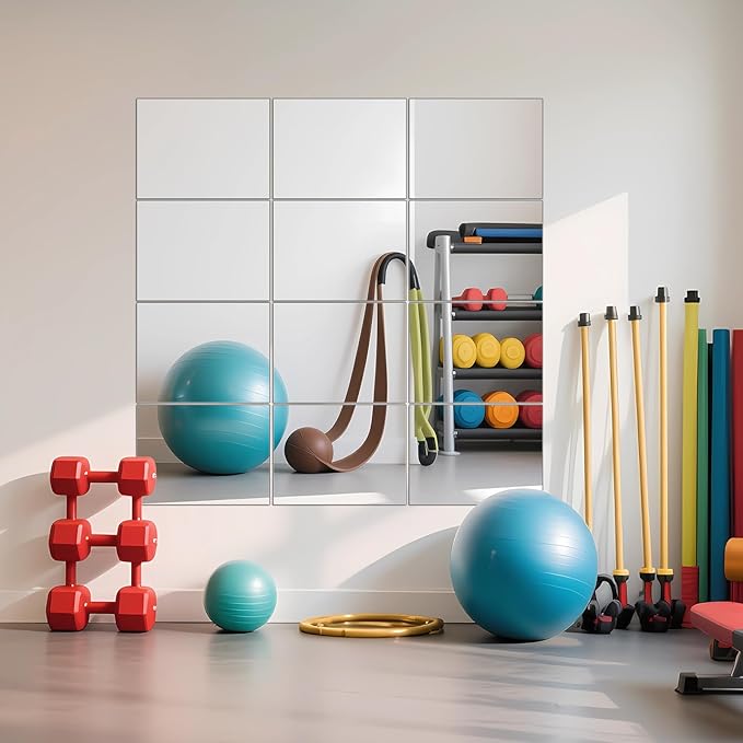 Ruomeng Home Gym Mirror Tiles - 12" x 16" x 12Pcs Frameless Full Length Wall Mirror Tiles Wall Mounted Mirror for Vanity Bedroom, Living Room