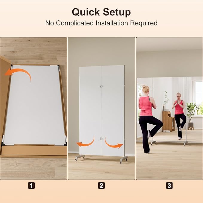 brisafe 67"x63" Folding Mirror with Wheels, 3-Panel Full Length Wall Mirror, Space-Saving Design, Shatterproof Nano Material, Portable Floor Mirror for Gym, Dance Studio, Home, Commercial Use, White