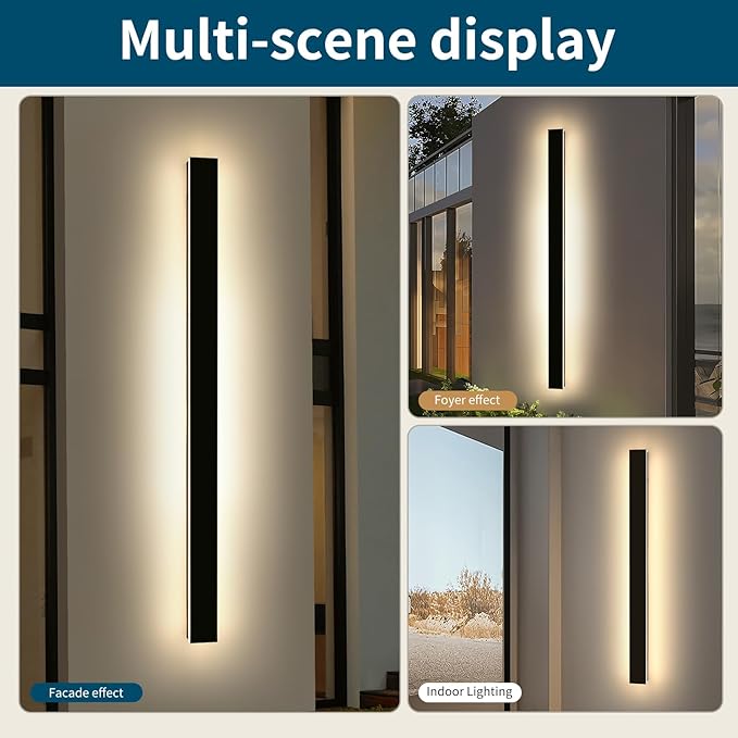 2 Pack Modern Outdoor Wall Light, 3000K Warm White 71inch LED Wall Sconce, IP65 Waterproof Exterior Lighting, Black Aluminium Minimalist Long Wall Lamp for Patio, Garage, Yard