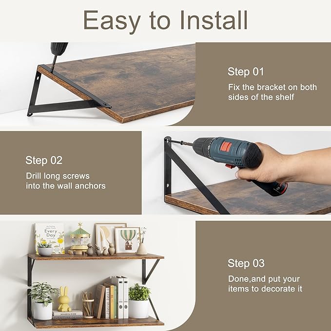 Deep Floating Shelves for Wall, 12 Inch Deep Floating Shelves Set of 2, 16"W x 12"D Wall Shelf, Wide Display Ledges Shelves for Bedroom, Bathroom, 12 Deep Bookshelf Wall Mounted - Rustic Brown