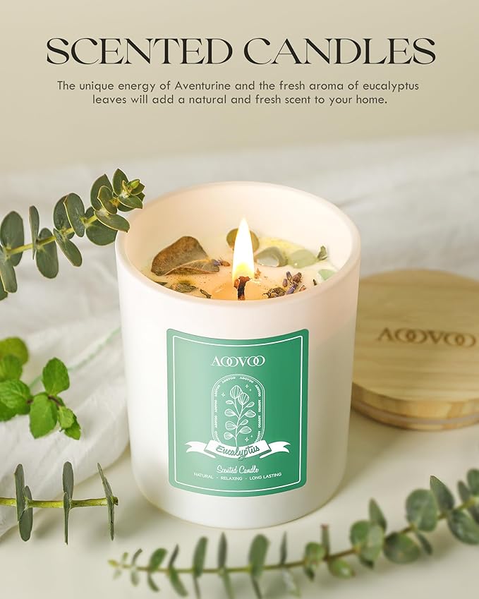 AOOVOO Eucalyptus Mint Scented Candles for Women - Aromatherapy Candle with Crystals Inside, 10oz Soy Candles for Home Scented, Birthday Gifts Christmas Candle for Women Mom
