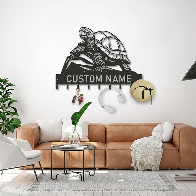 Custom Tortoise Metal Key Holder for Wall, Personalized Family Name Metal Sign with Hooks, Entryway Coat Rack and Organizer for Keys, Leashes, Hats (Style-2)