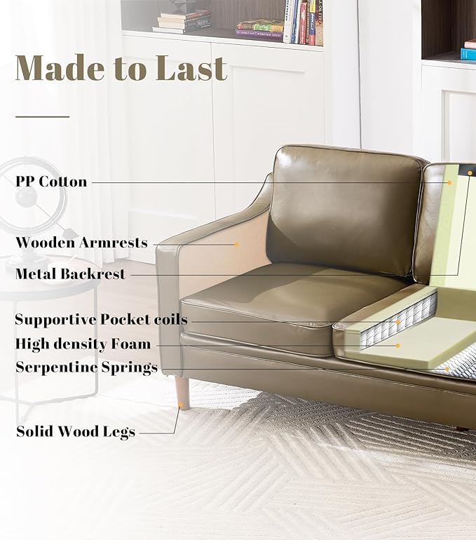 Kingfun 80" Faux Leather Sofa, 3 Seater Couch, Mid Century Modern Couch with Solid Wood Frame for Living Room & Bedroom, Olive Green