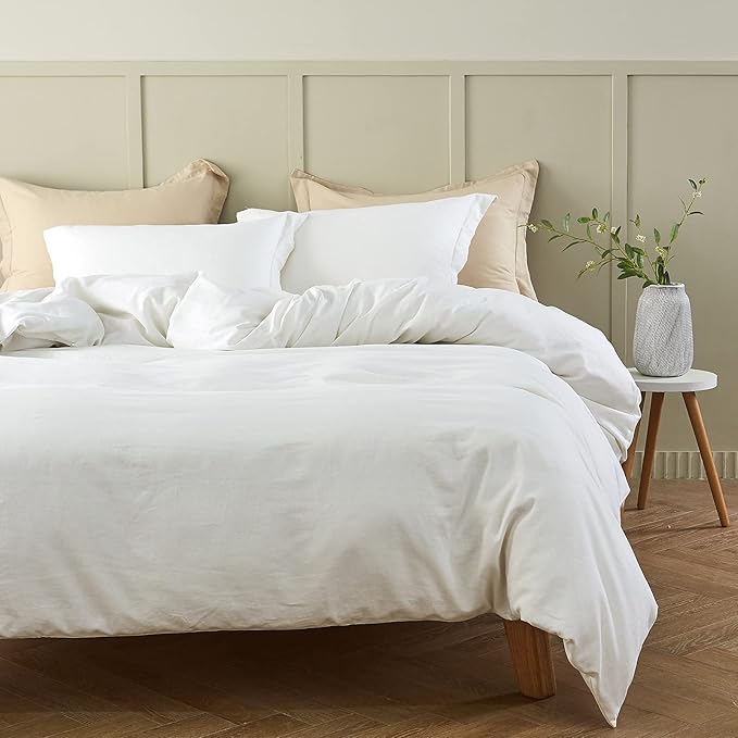 Simple&Opulence French Linen Duvet Cover Set 104"x 92"- 5 Pieces (1 Comforter Cover,4 Pillowcases)-Natural Flax Cotton Blend-Solid Color Breathable Farmhouse Bedding-Off White, King