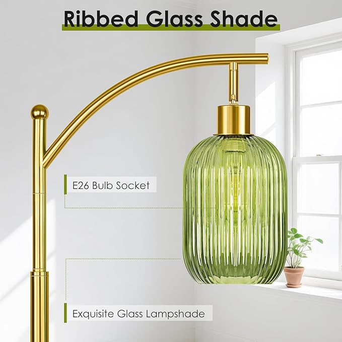 Glass Floor Lamp for Living Room, Modern Green Standing Lamp with Ribbed Glass Lampshade Pedal Switch, 67” Tall Lamp for Bedroom Study Room