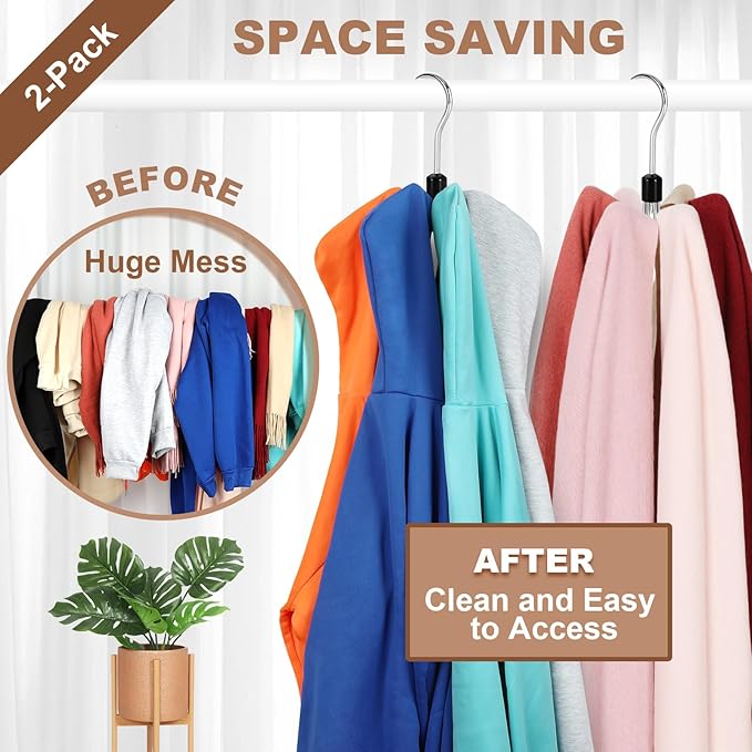 TOPIA HANGER Hoodie Hangers 2-Pack with 6 Wood Balls, 360°Swivel Purse Hanger, Scarf Hanger, Closet Hooks, Handbag Organizer, Bra Hanger, Accessory Organizers for Scarf, Tanktop, Hat, Hoodie CT43B