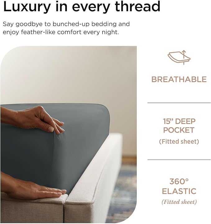 Hotel Quality Luxury 600 Thread Count 100% Cotton Twin Size Sheets, 3 Pc Sateen Weave Dark Grey Sheet Set, Premium Soft Sheets with Elasticized Deep Pocket by Threadmill