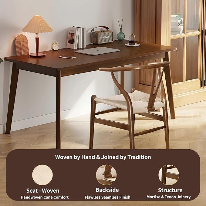 Tomile Wishbone Chair Y Chair, Wooden Dining Chairs Set of 2, Mid Century Modern Chairs with Arms, Solid Wood Weave Seat Kitchen & Dining Room Chairs (Ash Wood - Walnut Color)