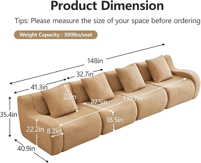 Camel 4-Seater Cloud Couch, Modern Teddy Fabric Boneless Sectional Sofa in a Box for Living Room, Modular Floor Couch, Comfortable Deep Seat, No Assembly Required, Sofas para Sala