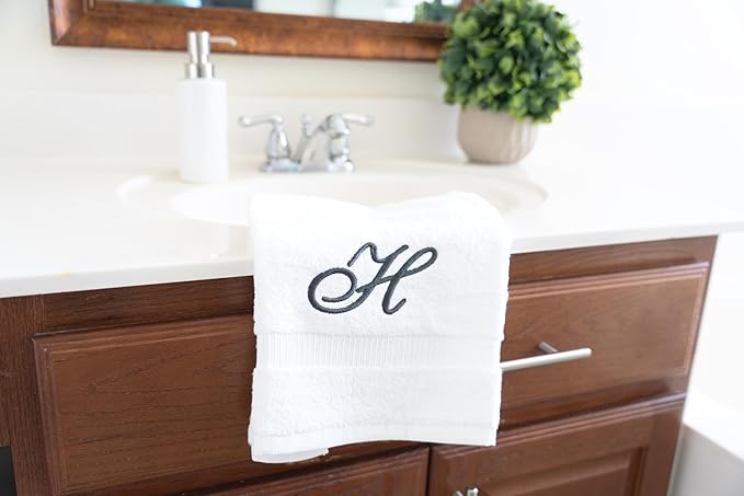 White Monogrammed Hand Towels for Bathroom - Luxury Hotel Quality Personalized Initial Embroidered Towel for Powder Room, Spa - GOTS Organic Certified - Set of 2 Dark Gray Letter H