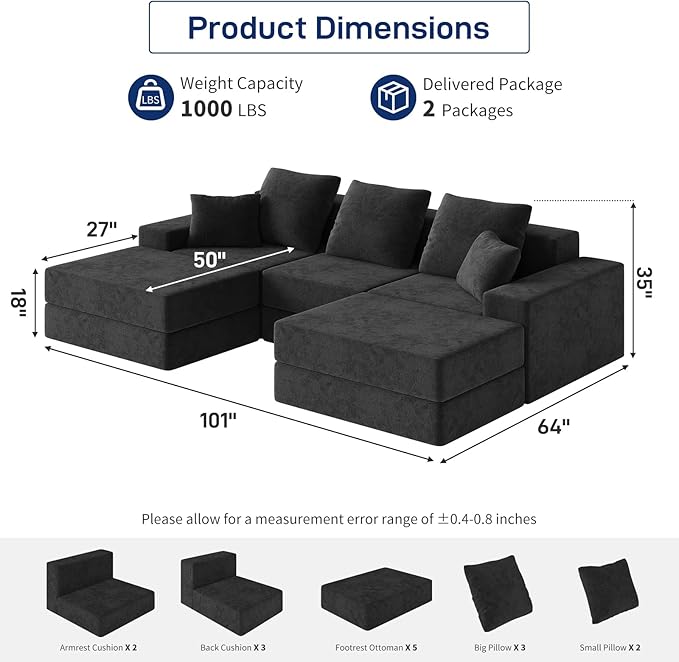 Living&Giving 101" U-Shaped Cloud Sectional Couch for Living Room, Cloud Boneless Couch-No Assembly with Reversible Chaise, Customizable 3-Seat Modular Sectional Sofa with 2 Ottoman, Black