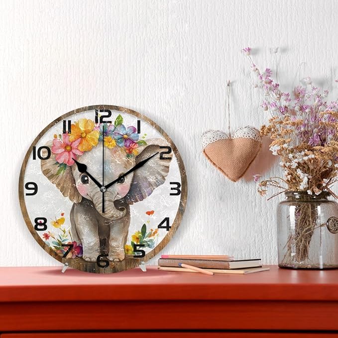Bolaz Wall Clocks Decorative Bedroom Silent Living Room Desktop Elephant Watercolor Tabletop Shelf Clocks Round Battery Operated 10 Inch Non-Ticking