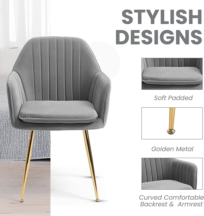 ECOTOUGE Matte Velvet Dining Chairs Set of 6, Modern Arm Chair with Golden Metal Legs, Living Room Accent Chairs for Kitchen, Grey